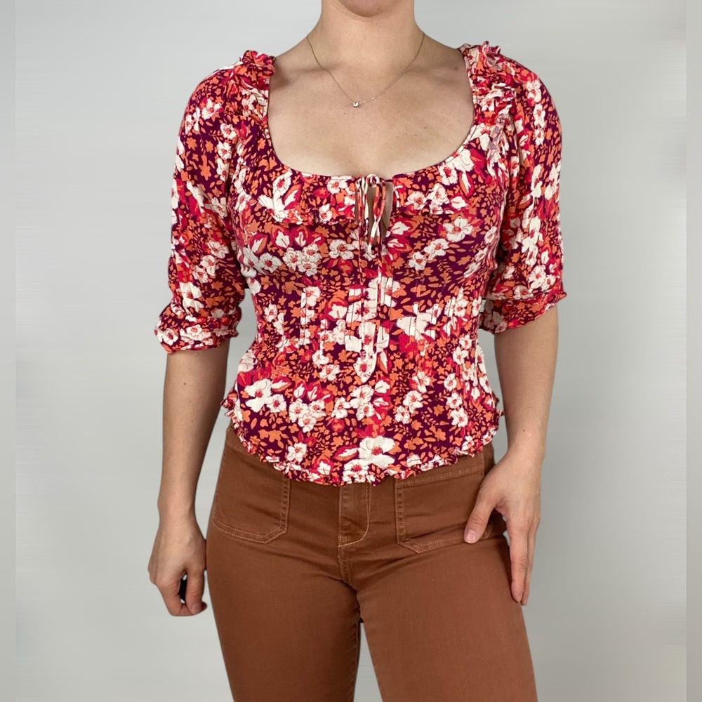 FREE PEOPLE Sweet Memories Floral Ruffle Blouse Half Sleeve Pink Multi‎ Color